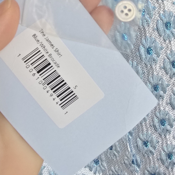 Hill House New The James Shirt Snowflake Brocade Metallic Blue Blouse SZ Small - Picture 8 of 11